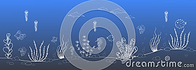 Linear illustration of a border with a seabed, fish, jellyfish Cartoon Illustration