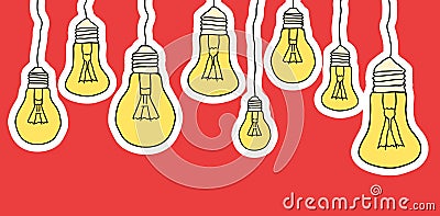 Linear illustration of cartoon hanging light bulbs Vector Illustration