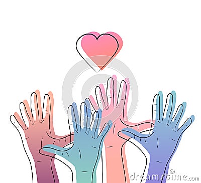 Linear illustration of color gradient human hands with hearts. International day of friendship and kindness. The unity of people. Vector Illustration