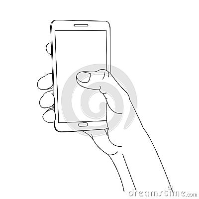 Linear illustration hand with phone, isolated drawing smartphone Vector Illustration