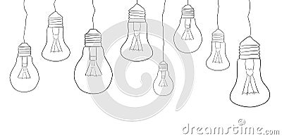 Linear illustration of hanging light bulbs. Border Vector Illustration