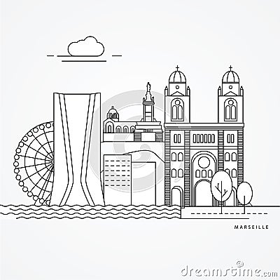Linear illustration of Marseille, France. Vector Illustration