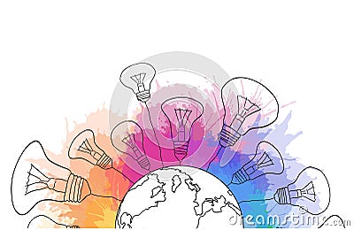 Linear illustration of a planet earth with light bulbs Vector Illustration