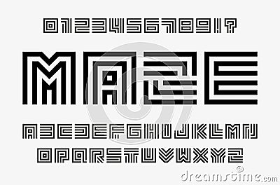 Linear labyrinth letters and numbers set. Line maze style alphabet. Contout geometric font, type for lineart logo and Vector Illustration