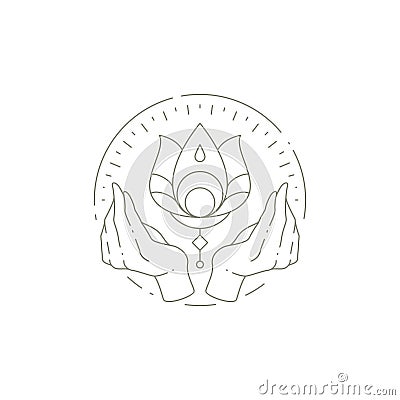 Linear magic lotus flower with praying human hands namaste at circle hand drawn frame logo vector Vector Illustration