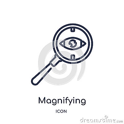 Linear magnifying glass searcher icon from General outline collection. Thin line magnifying glass searcher icon isolated on white Vector Illustration