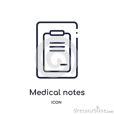 Linear medical notes of a list paper on a clipboard icon from Medical outline collection. Thin line medical notes of a list paper Vector Illustration