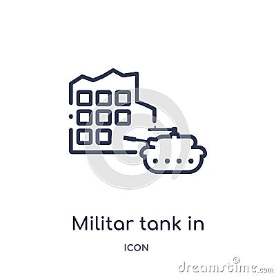 Linear militar tank in city street icon from Army outline collection. Thin line militar tank in city street vector isolated on Vector Illustration