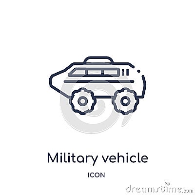 Linear military vehicle icon from Army outline collection. Thin line military vehicle vector isolated on white background. Vector Illustration