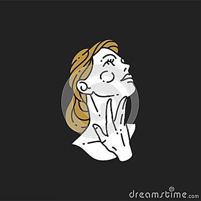 Linear minimalist logo woman head with blonde hair stroking neck enjoy skincare outline vector Vector Illustration