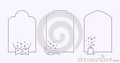 Linear minimalistic aesthetic frames with sparkles, magic stars. Outline arches with fairy candle, book, feather for Vector Illustration