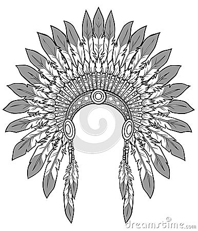 Linear monochrome drawing: ancient American Indian head dress. Vector Illustration
