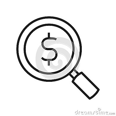 Linear monochrome fundraising icon vector illustration dollar currency logo under magnifying glass Vector Illustration