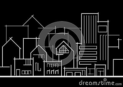 Linear panoramic sketch city on black background Vector Illustration