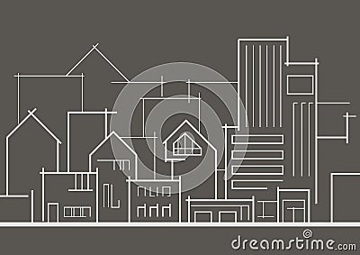 Linear panoramic sketch city on gray background Vector Illustration