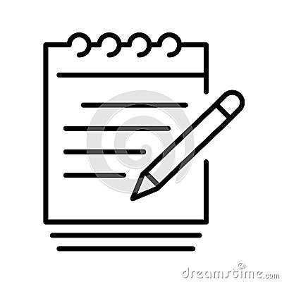 Linear paper document write notes icon vector illustration. Monochrome spring notepad with pen Vector Illustration
