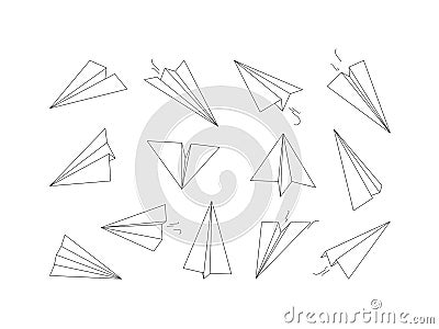 Linear paper planes. Drawing origami aircraft transport air vector collection Vector Illustration