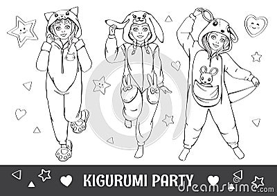 Linear pencil drawing. Antistress coloring book, page. Best friends. Cartoon fashion girl. Kigurumi or pajama party. Vector Vector Illustration