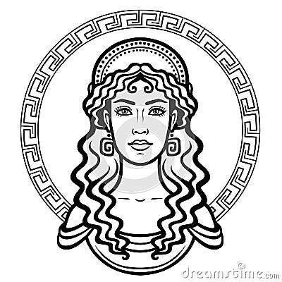 Linear portrait of the young Greek woman with a traditional hairstyle. Vector Illustration