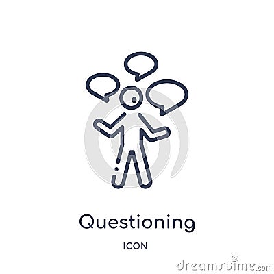 Linear questioning icon from Activity and hobbies outline collection. Thin line questioning vector isolated on white background. Vector Illustration