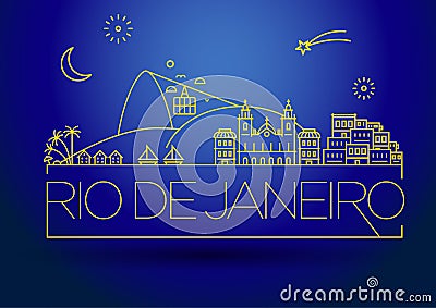 Linear Rio de Janeiro City, Brazil Silhouette with Typographic Design Vector Illustration