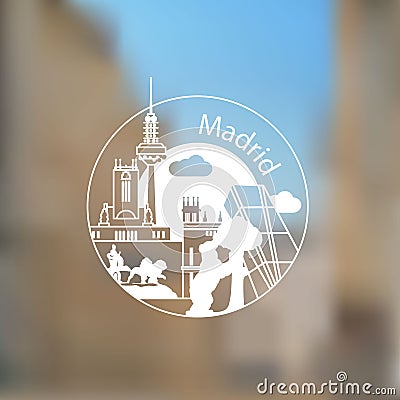 Linear round logo with statue of Bear and strawberry tree and other lanmarks of Madrid, Spain Vector Illustration