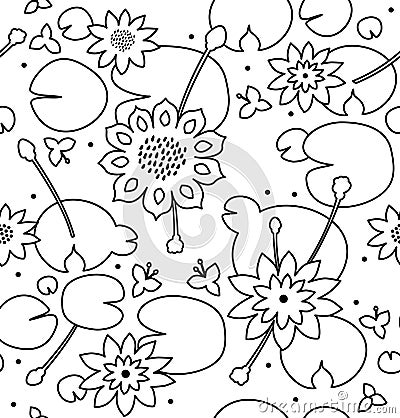 Linear seamless floral texture with flowers, water lilies, lotus, nature stylish pattern Vector Illustration