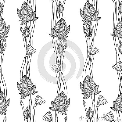 Linear seamless pattern - lotus flower. Vector Illustration