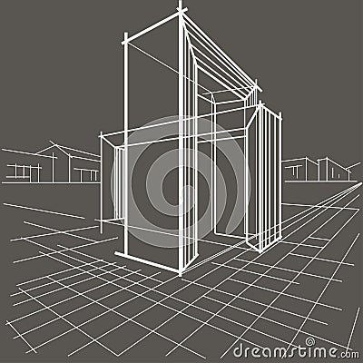 Linear sketch architectural construction of two intersecting arches on gray background Vector Illustration