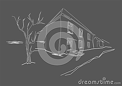 Linear sketch small old house in a town on gray background Vector Illustration