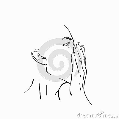Linear sketch of young woman face covering her mouth with hand Vector Illustration