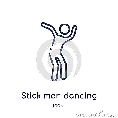 Linear stick man dancing icon from Behavior outline collection. Thin line stick man dancing vector isolated on white background. Vector Illustration