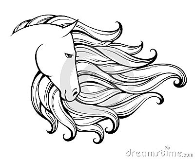 Linear stylized horse. Black and white graphic. Vector illustration can be used as design for tattoo,t-shirt,bag,poster, postcard. Vector Illustration