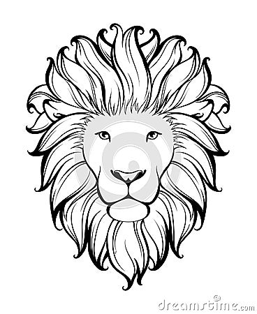 Linear stylized lion. Black and white graphic. Vector illustration can be used as design for tattoo, t-shirt,bag, poster,postcard. Vector Illustration