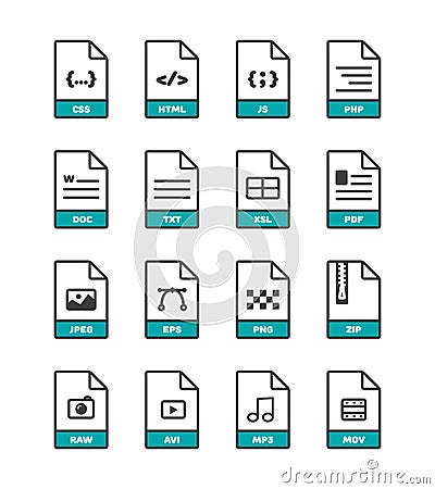 Linear thin vector file format icons collection on white for web and application Vector Illustration