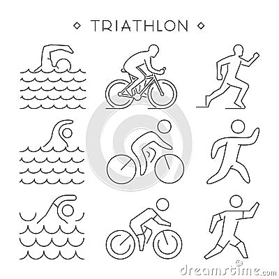 Linear triathlon symbol. Vector figures triathletes. Stock Photo