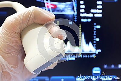 Linear ultrasound probe with doppler background Stock Photo