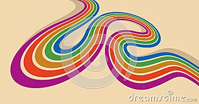 Linear vector abstract background in all colors of rainbow, retro style lines in 3D dimensional perspective. Vector Illustration