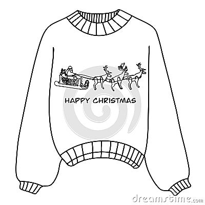 Linear winter sweater badge. Winter sweater with a pattern. Vector sleigh with reindeer, Santa Claus sleigh.Drawing in Stock Photo