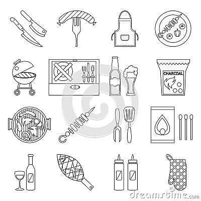 Lineart barbecue grill cooking meat steak picnic nature party isometric design outline decorative shape icons set vector Vector Illustration