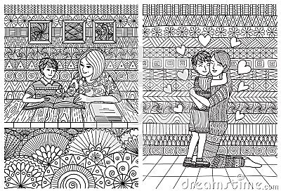 Lineart design of mom helping the son with homework and mother cuddle the son with love for happy mothers day card and coloring bo Vector Illustration