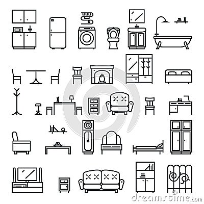 Lineart Flat Furniture Icons and Symbols Set Living Room Isolated Vector Illustration Vector Illustration