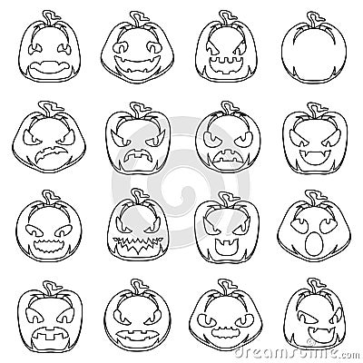 Lineart halloween jack o lantern pumpkin scary faces smile emoji icons set isolated cartoon design vector illustration Vector Illustration