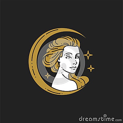 Lineart portrait mystic woman at golden half moon surrounded by space stars minimalist icon Vector Illustration