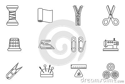 Lineart sewing tools cloth tailoring craft sew fashion hobby flat design isolated isolated icons set vector illustration Vector Illustration