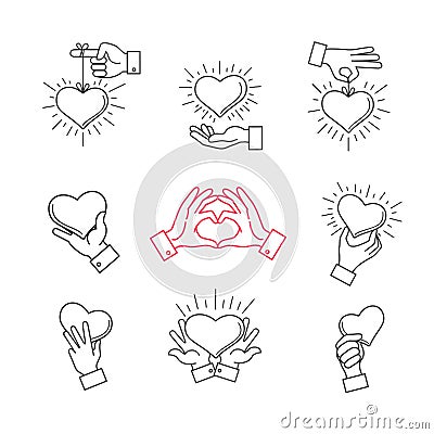 Lined hand love signs. Vector hands making heart shape Vector Illustration