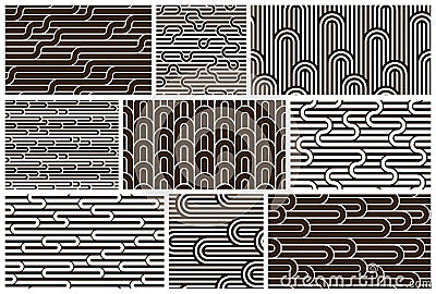 Lined seamless vector patterns with twisted lines, geometric abstract backgrounds set, stripy net, optical maze. Vector Illustration