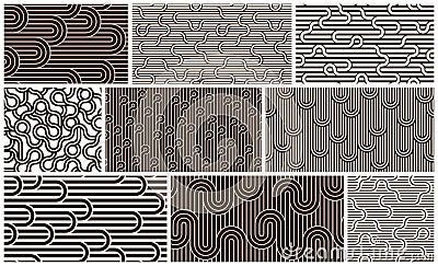Lined seamless vector patterns with twisted lines, geometric abstract backgrounds set, stripy net, optical maze. Vector Illustration