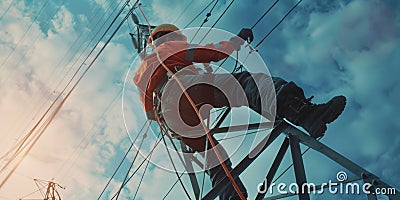 Lineman Working on Power Lines. created by generative artificial intelligence Stock Photo