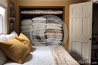 linen closet, with stack of freshly laundered pillowcases and sheets Stock Photo